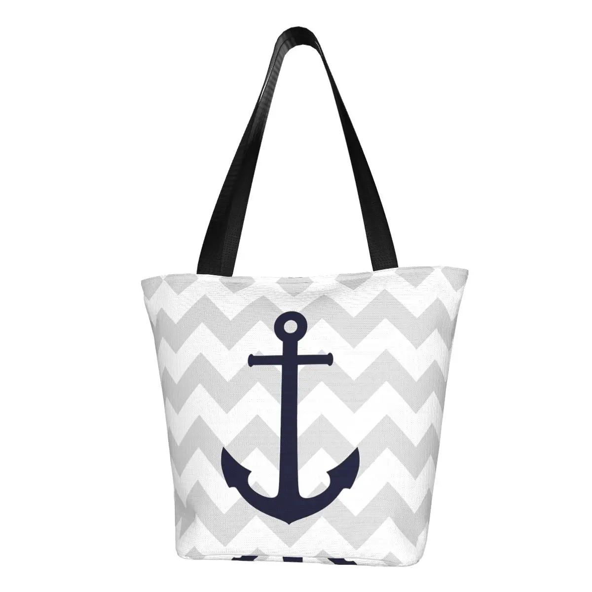 Nautical Navy Blue Anchor On Gray Chevron Polyester outdoor girl handbag, woman shopping bag, shoulder bag, canvas bag, gift bag