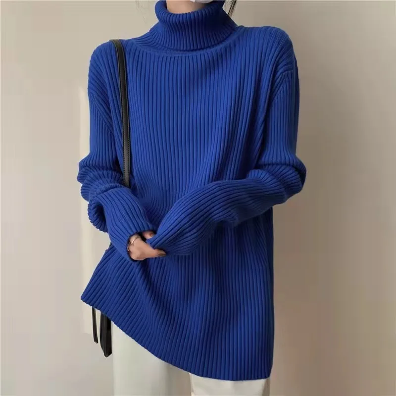 

Winter Turtleneck Sweater Women Thickened Two-hair Loose Pullover Retro Simple Lazy Pit Strip Lapel Knitted Bottoming Shirt Tops