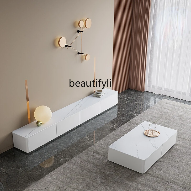 

yj Stone Plate TV Cabinet Deck Coffee Table Combination Minimalist Floor Cabinet Affordable Luxury Style Pure White