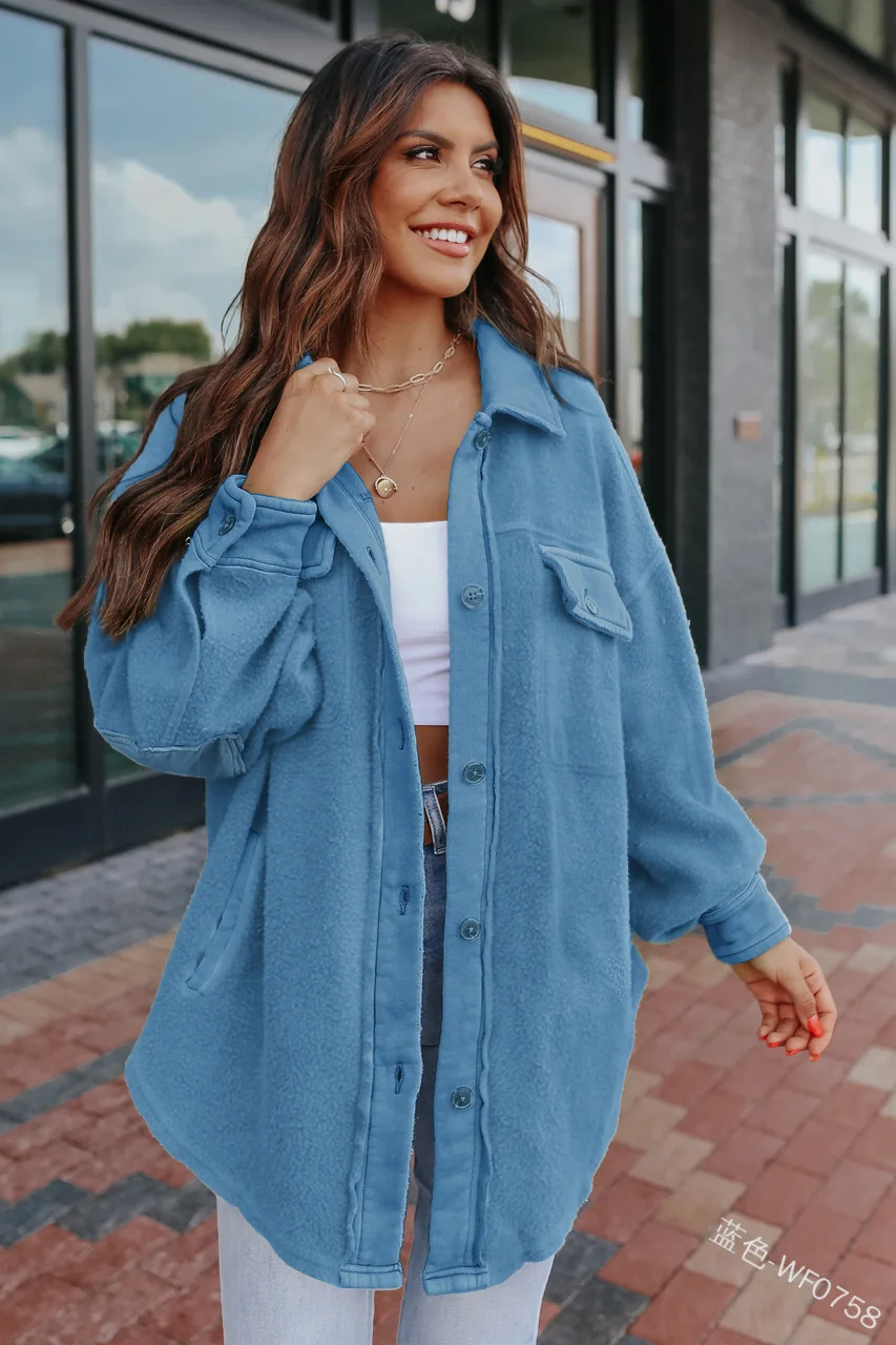 

2022 Women Casual Shirt Jacket Coat Solid Color Polo Collar Women's Sweater Fleece Pocket Single-Breasted Jacket Autumn