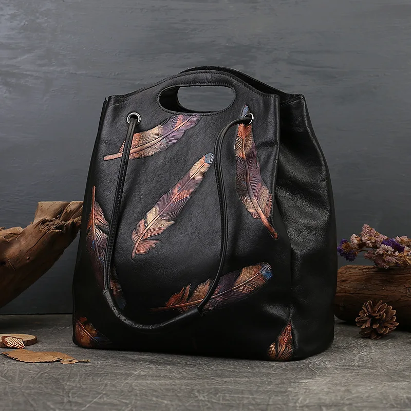 

Women's Handbag Leather Vintage Feather Embossed One-shoulder Bun Top Layer Cowhide Fashion Commuter Bag Tote Bags for Women