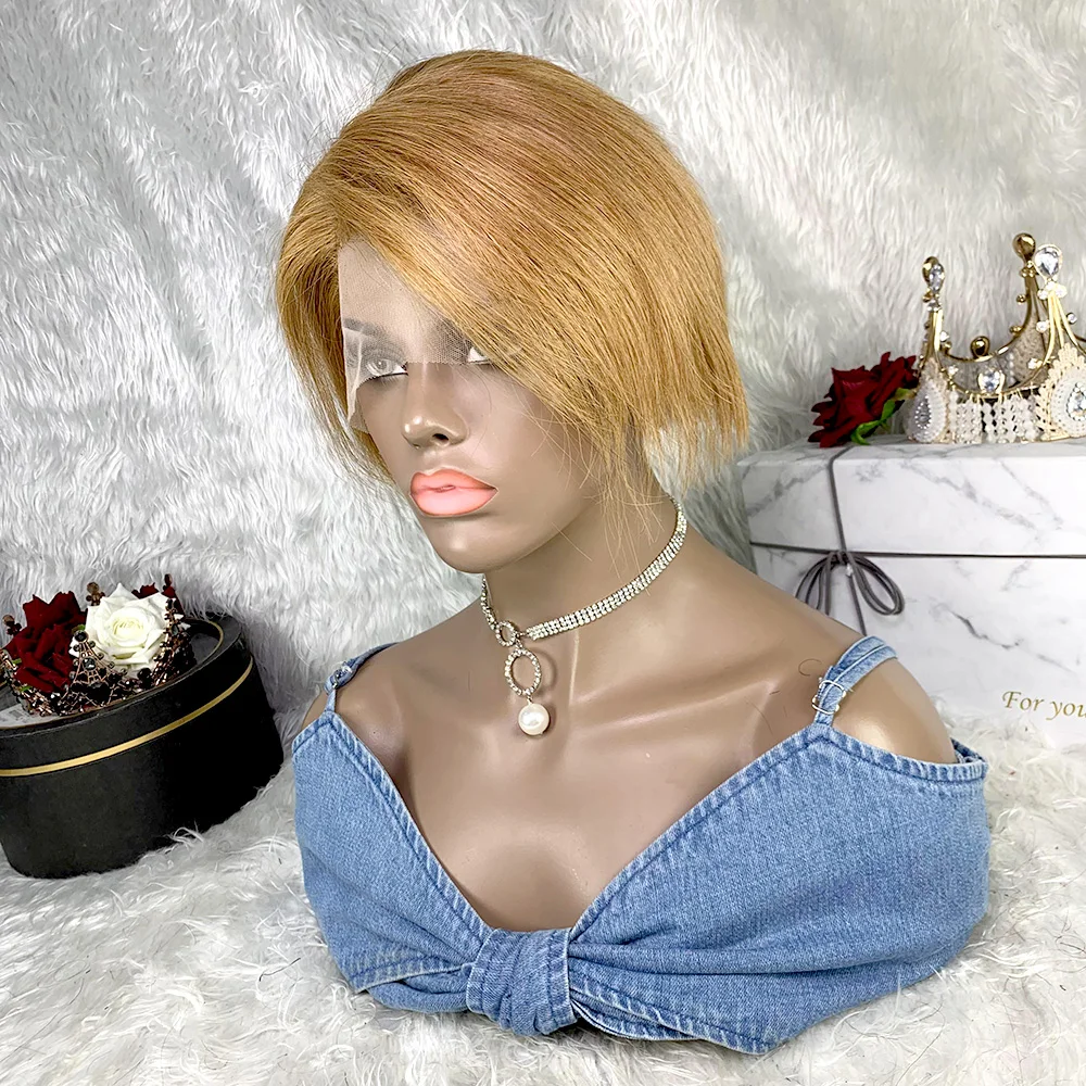 8 Inches Short Pixie Cut Human Hair Wig Brazilian Straight Wig Part Lace Front Wig for Black Women Gold Blonde Pre Plucked Wigs