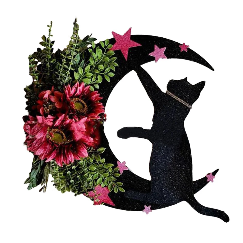 

Garland Halloween Wreath 35cm Cat Pattern Wreath Crescent Moon Decoration Front Door Decor Halloween Home Decor