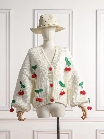 Jastie 2022 зимний женский вязаный кардиган свитер модный шикарный рукав-фонарик свободные пальто свитера ручной работы вишня Милая верхняя одежда