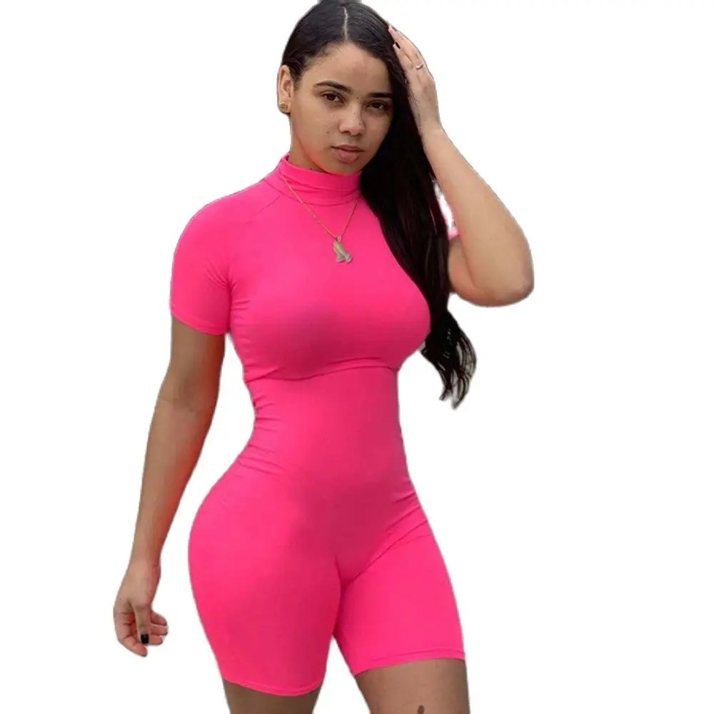 European and American Summer Sports Women's Red Round Neck Sleeved Tight Bodysuit Shorts