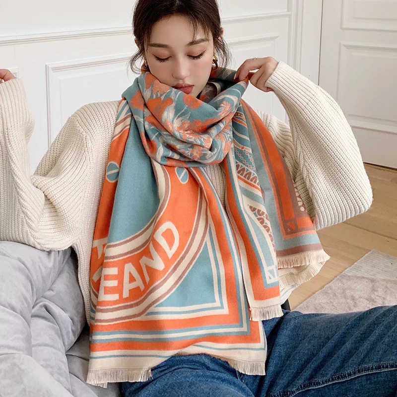 

Зимний женский шарф, шаль и палантины, Кашемировое плотное теплое женское одеяло 2022, двойная шаль, Модное пончо