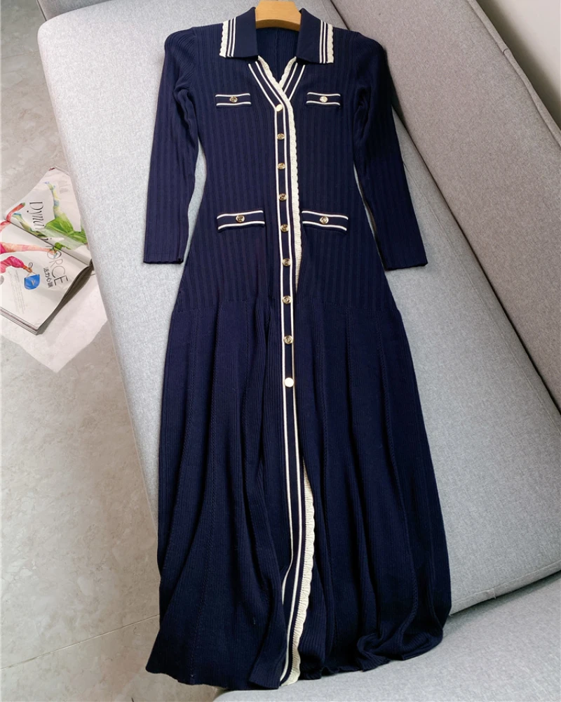

V-neck Single-breasted Clashing Stripes Knitted Slim Long-sleeved Long Dress 2023 Summer New France Paris High-quality