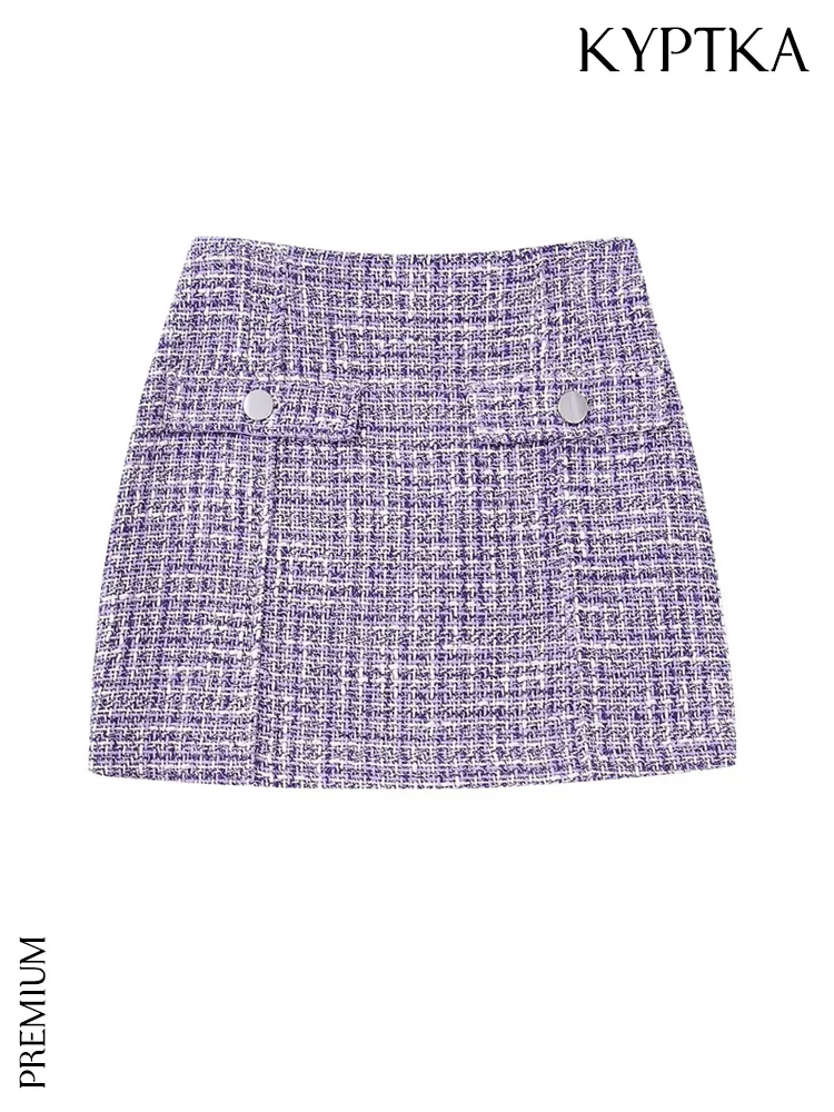 

KYPTKA Women Fashion Front False Flap Pockets Tweed Mini Skirt Vintage High Waist Back Zipper Female Skirts Mujer