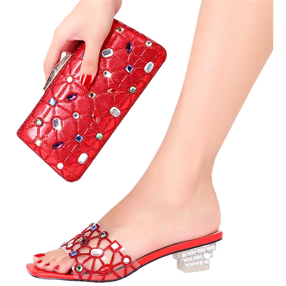 

Venus Chan Italian Design Nigerian Fashion Style Ladies Matching Shoes and Bag Set Decorated With Rhinestone and Metal In Red