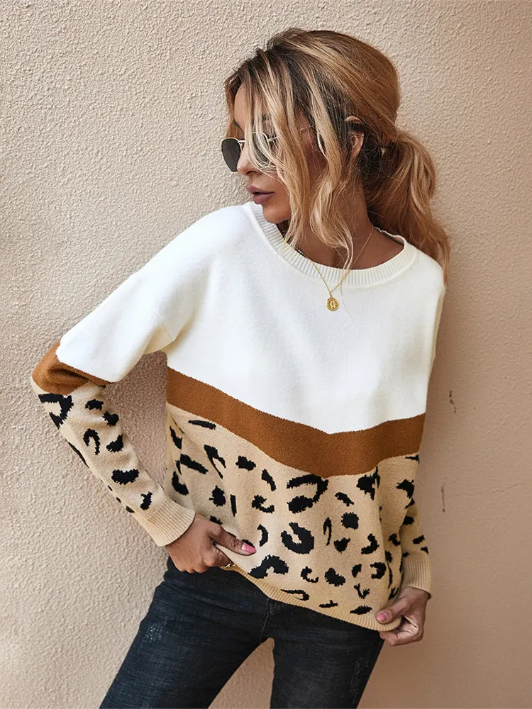 Moda Leopard Patchwork autunno inverno 2022 maglione lavorato a maglia da donna o-collo maglione a maniche lunghe pullover Top cachi marrone