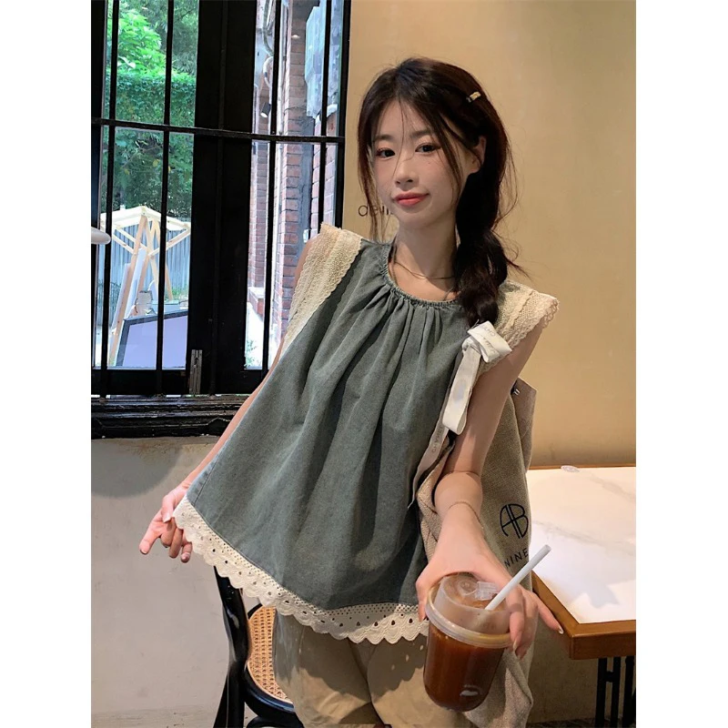 

Sleeveless Summer Loose Lace Patchwork Denim Shirts Vintage Women Chic Koean Style Tops Chemises Y2k Sweet Camisa O Neck