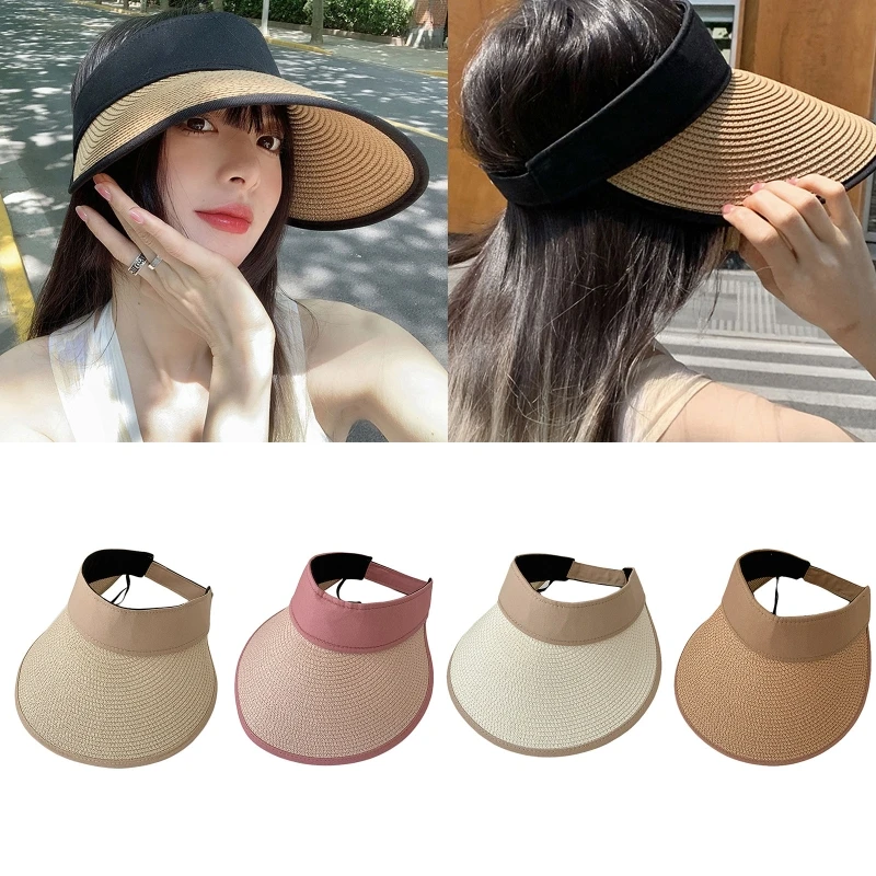

Fashion Empty Top Hat Summer Straw Hat Wide Brim Beach Sun Visor Hat Ponytail Cap for Outdoor Activities Camping Running