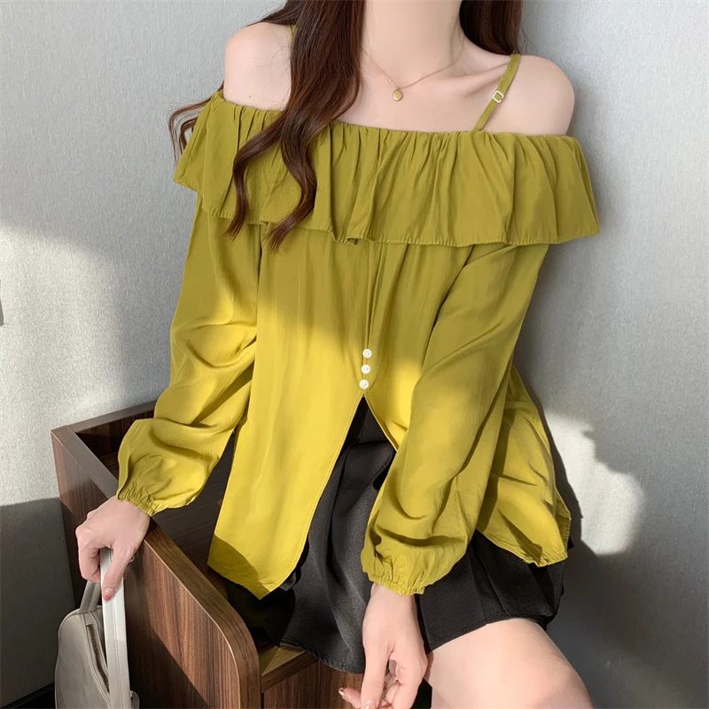 Seksowna koszula z długim rękawem odkrytymi ramionami plisowana słodka jednokolorowa bluzka modna koreańska odzież damska