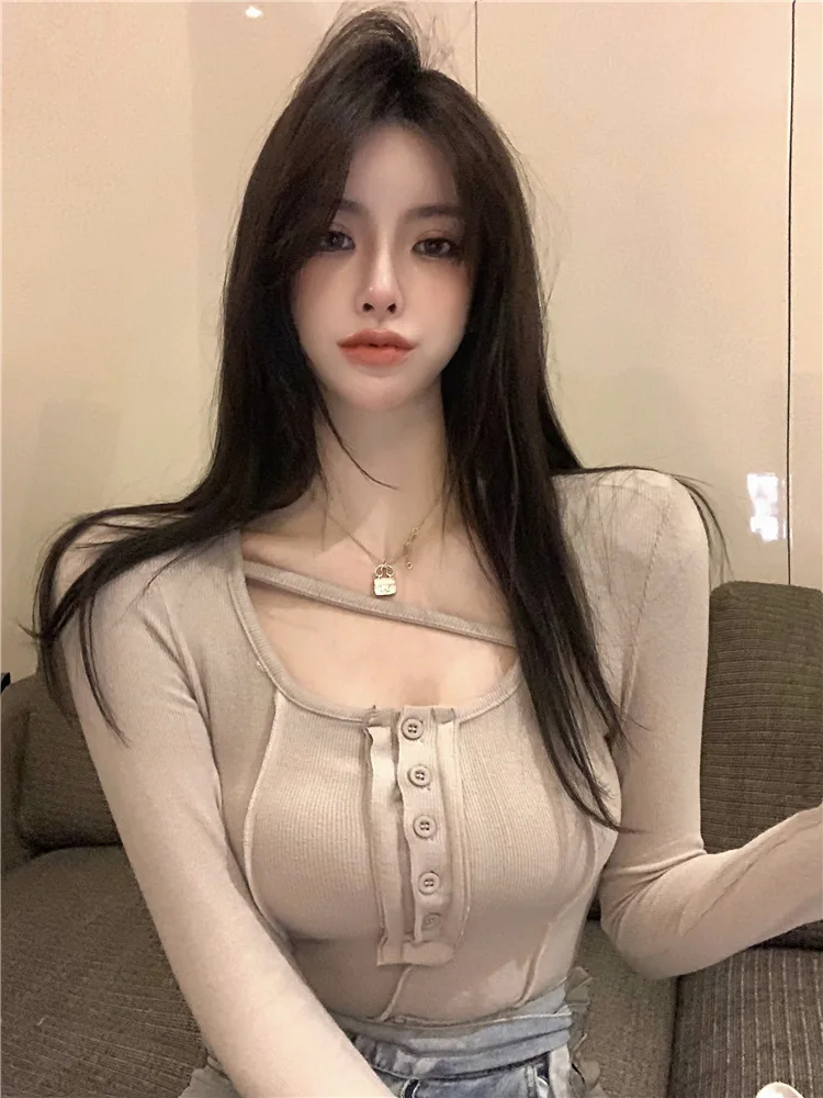 

Y2K Elastic T-Shirt Women's Tight Long Sleeve Grunge Tee Shirt Korean Version of Autumn Short Square Collar Navel-exposed Blouse