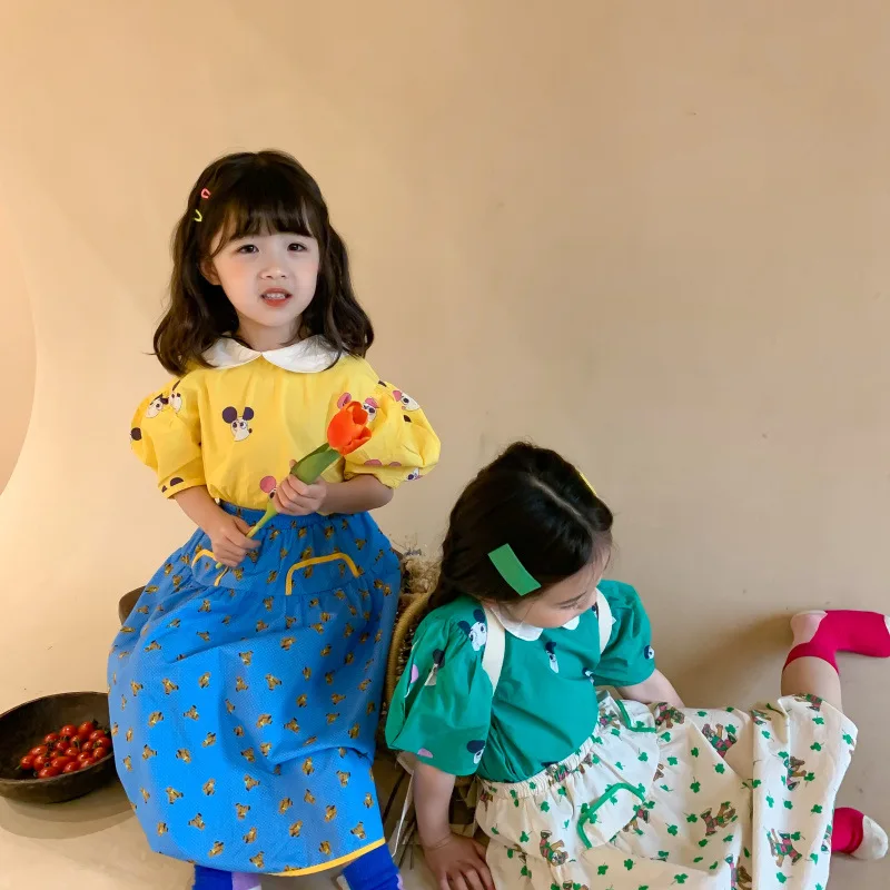 

Fashion Girls Short Puff Blouses Baby Lapel Children Top Tops Summer Cotton Sweet 2021 Cotton Mouse Sleeve Cute Cartoon