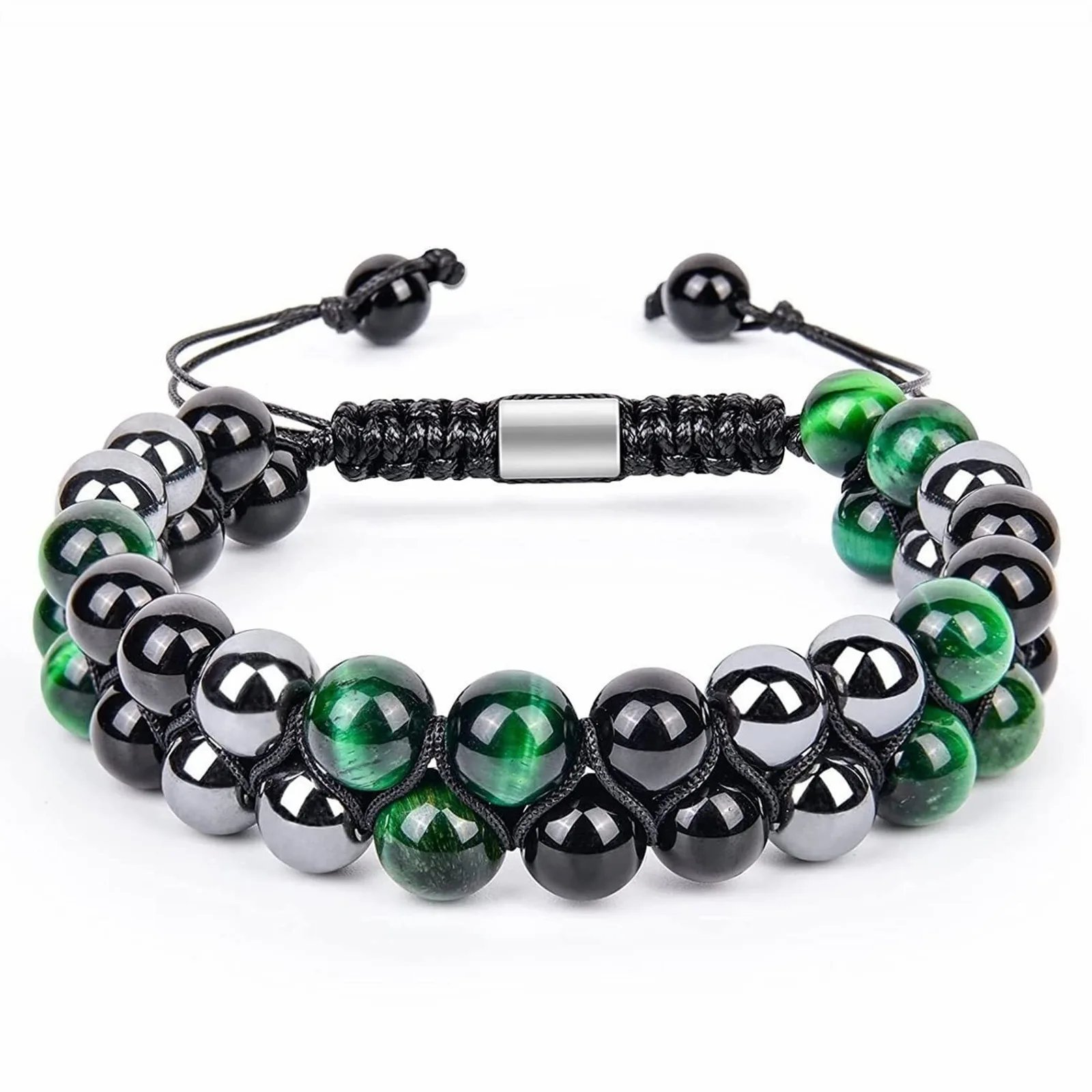 

2PCS 8mm Green Tiger Eye Stone Black Onyx Hematite Bracelet Double Weave Adjustable Bracelet for Men and Women To Relieve Stress