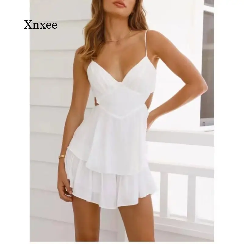 

2022 Summer New Fashion Layered White Backless Dress Sexy Suspender Short Dress