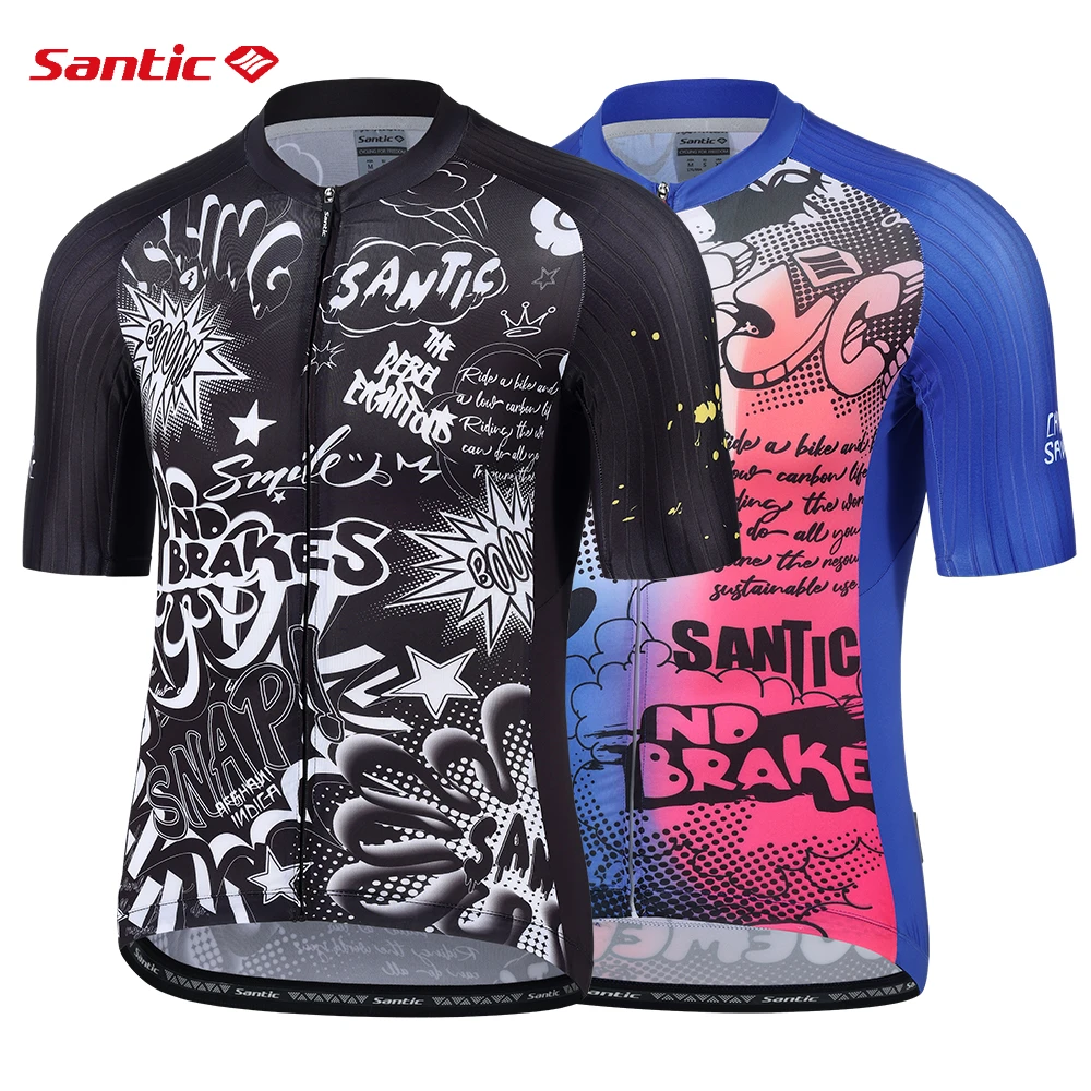 Santic Unisex Cycling Jersey Summer Short Sleeve Shirt Breathable Black Graffiti Jersey MTB Bike Bicycle Clothing Asian Size