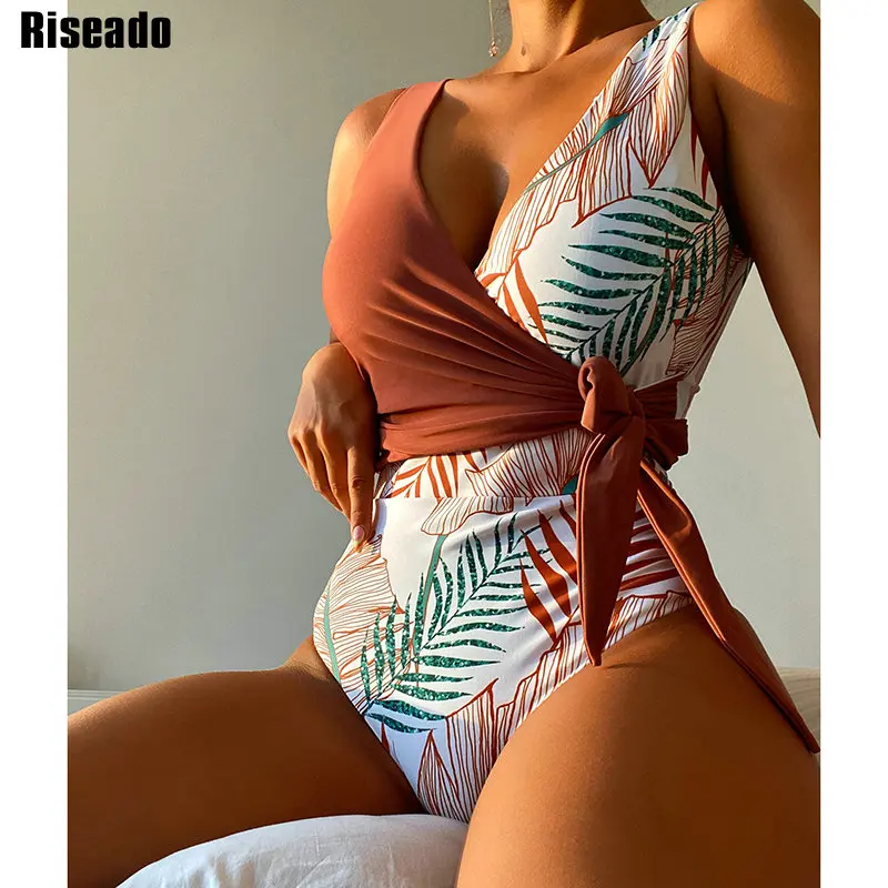 

Riseado Leaf Print One Piece Swimsuit Knot Side Swimwear Women 2022 Sexy Plunging Swimming Suit for Women Wrap Summer Beachwear