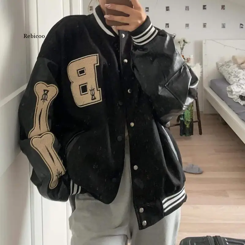 Giubbotto Bomber da Baseball Varsity donna Hip Hop Harajuku Bone Letter Patchwork giacche in pelle Streetwear uomo cappotti College Unisex