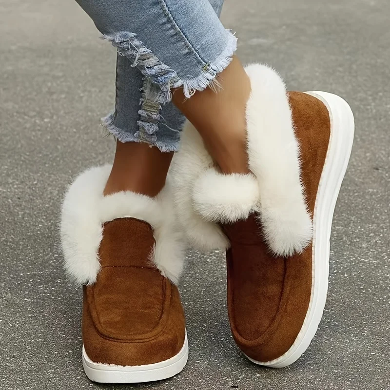 Women's Snow Shoes, Warm Faux Fur Trim Thermal Winter Shoes, Slip-on Flat Ankle High Snow Boots, Women's Footwear