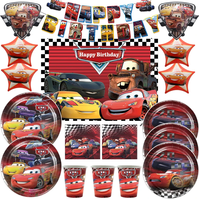 

Cars Birthday Party Decorations Kids Favor Lightning McQueen Tablewares Balloon Plates Cups Napkin Racing Car Party Supplies