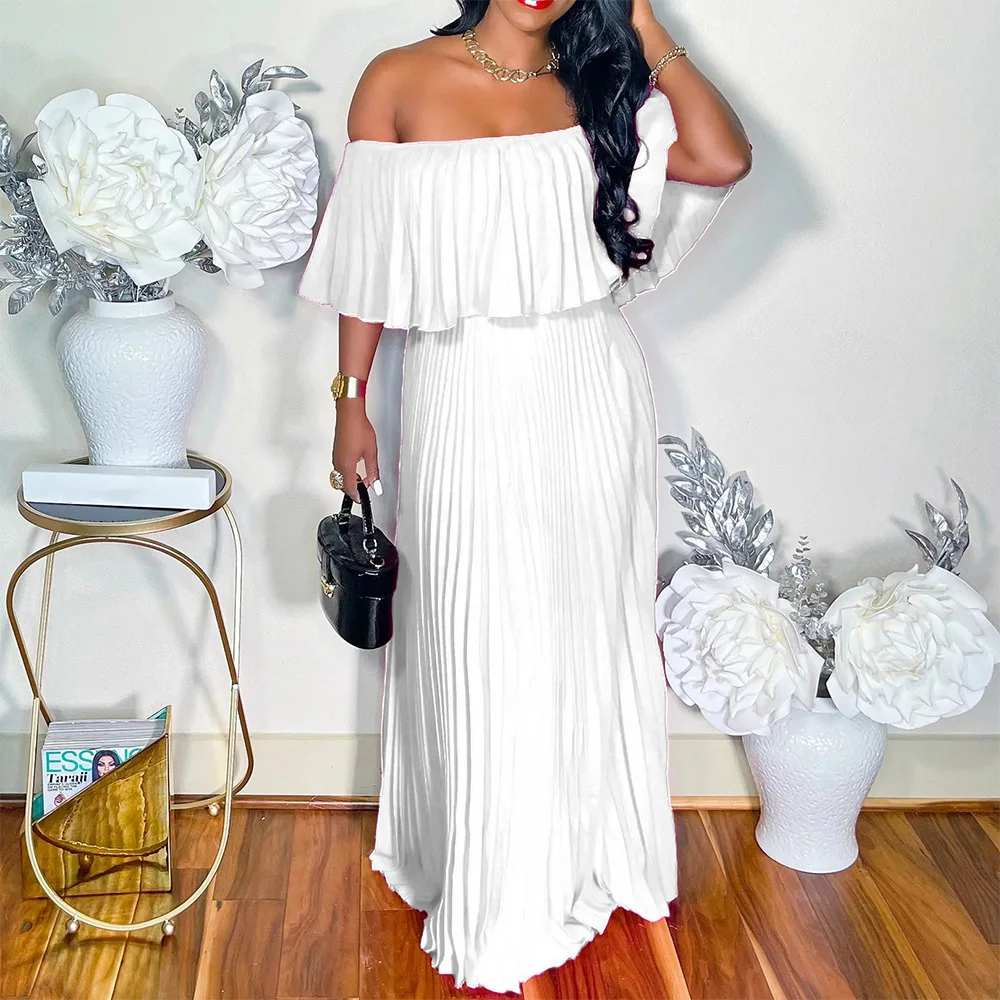 

Women's Clothing Sexy Strapless Long Skirt 2023 Casual Party Wrapped Chest Evening Dress Solid Color Floral Chiffon Swing Dress