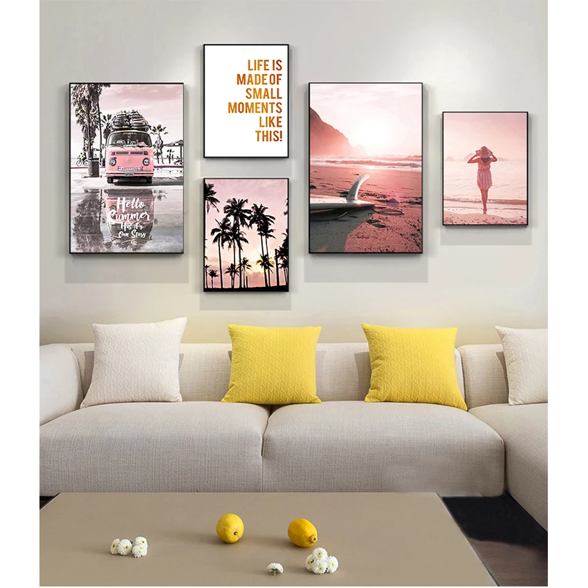 

Nordic Posters and Prints Wall Pictures for Living Room Decor Pink Sunset Beach Coconut Tree Surfboard Wall Art Canvas Painting