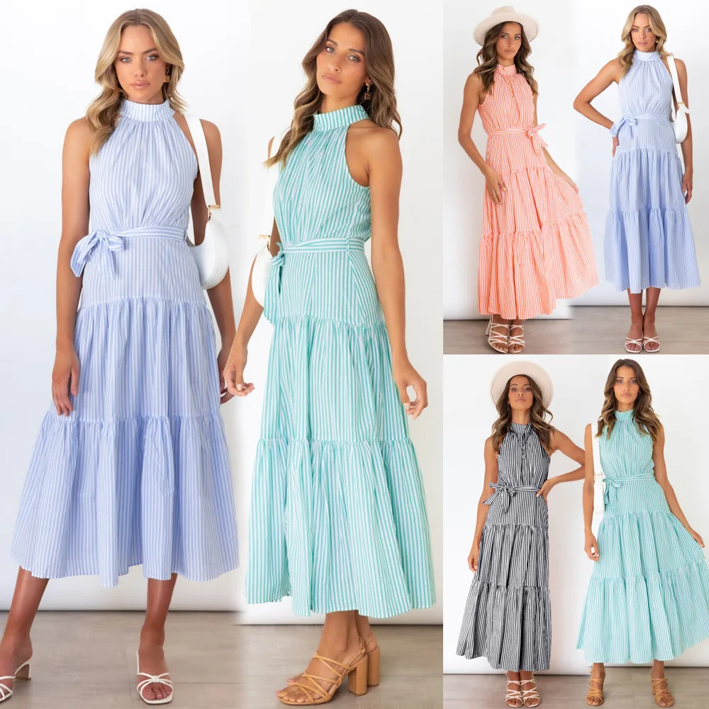 

European and American summer new stripes hanging neck dress slim temperament long skirt