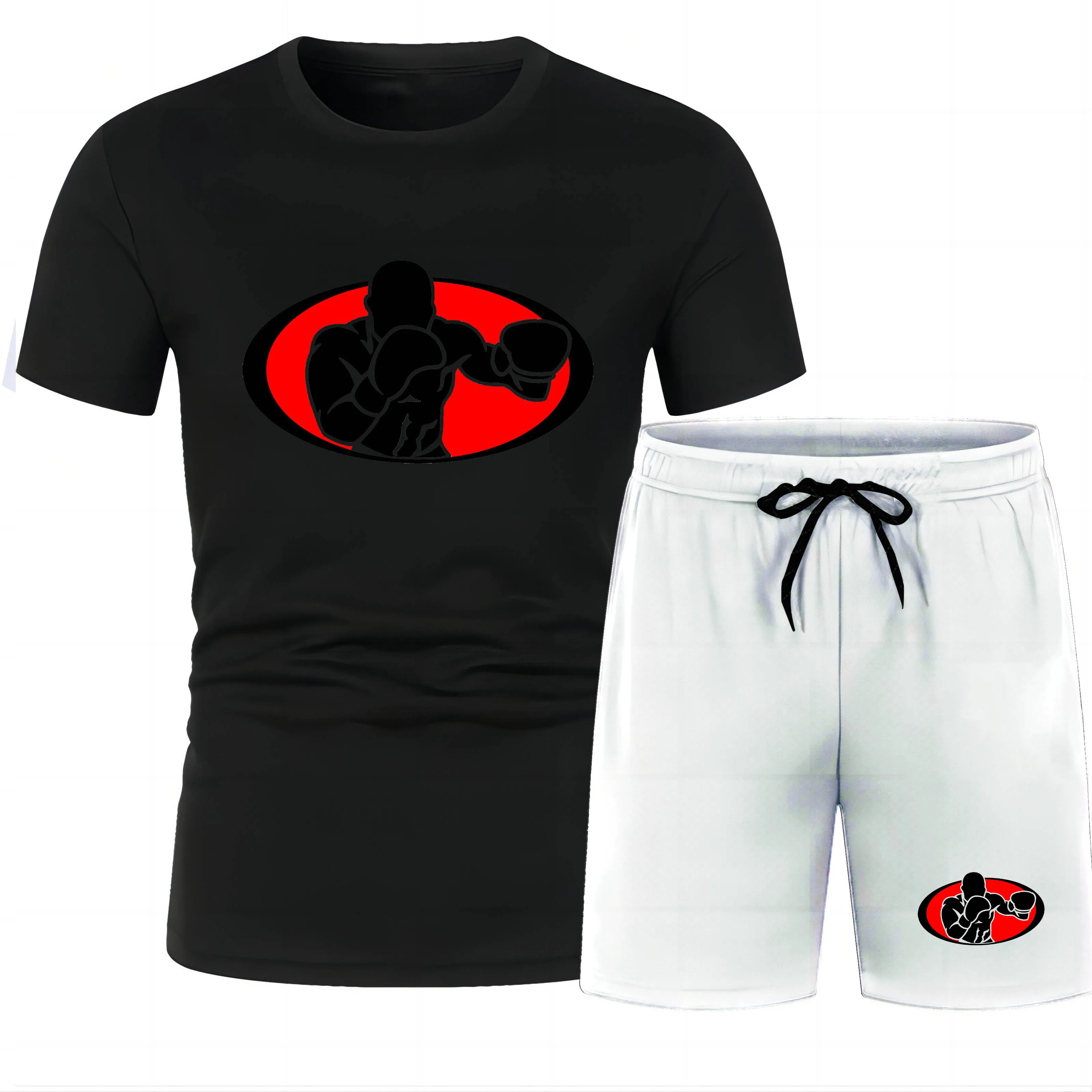 

Summer New Muscular Men'S Boxing Sports Printed Short Sleeve T-Shirt + Shorts 2-Piece Set Outdoor Jogging Fitness Quick Dry Suit