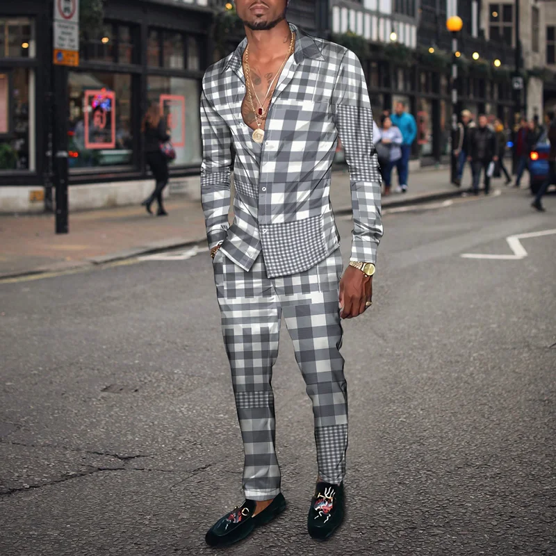 Color Matching Gentleman Shirt Trousers Checkered New  Fashion Spring Men Suit Jacket Cardigan Pants Set Oversized Man's Outfit
