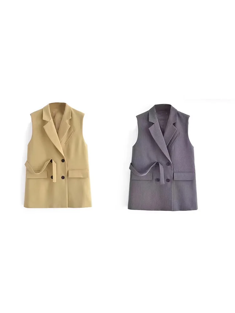 

PB & ZA2023 new early spring women's fashion lapels chic double-breasted trim solid colour versatile two-colour vest