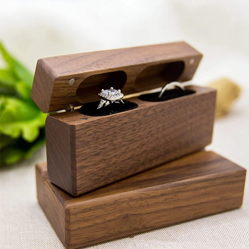 

Fashion Wood Ring Box for 2 Rings Slim Double Ring Storage Holder Modern Wedding Ring Bearer Box Decorative Box with Lid