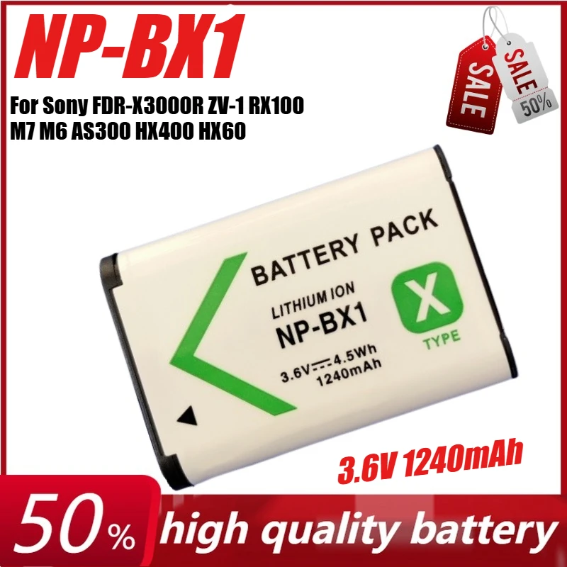 Фото Аккумулятор NP-BX1 3,6 В, 1240 мАч для Sony FDR-X3000R ZV-1 RX100 M7 M6 AS300 HX400 HX60 WX350 AS300V HDR-AS300R FDR-X3000 №1