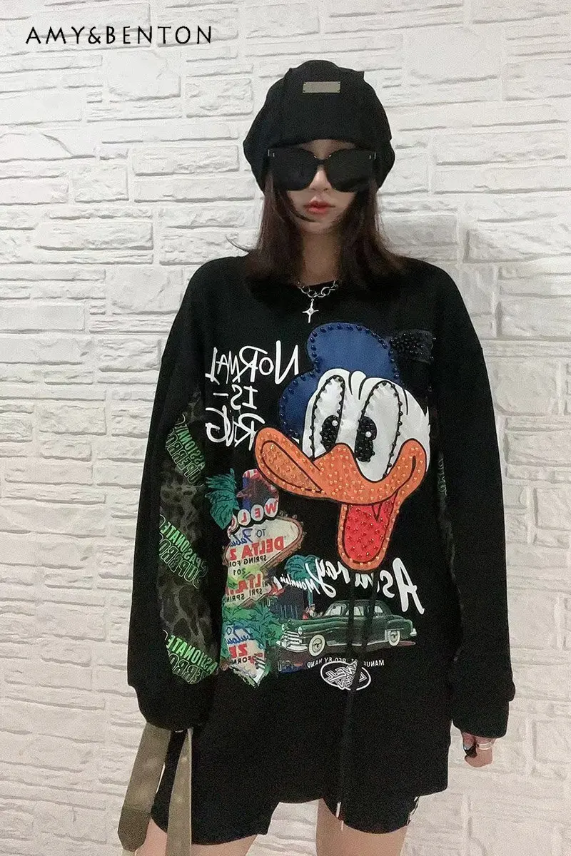 Autumn New Exquisite Rhinestone Cartoon Long Sleeve Pullover Top for Ladies Fashionable Loose All-Match Sweatshirts for Women