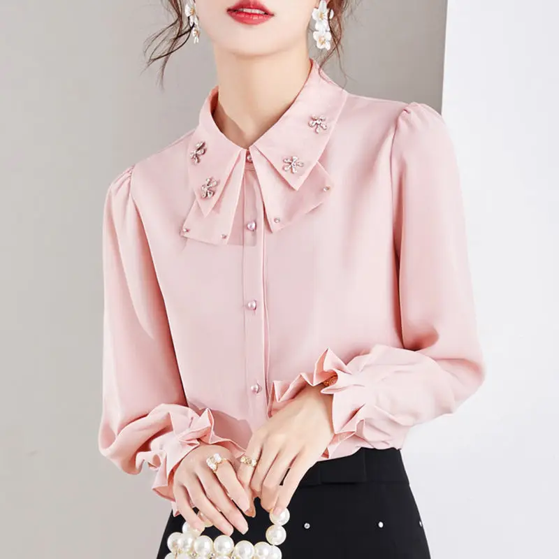 

Women Spring Bow Diamonds Chiffon Bottoming Shirt Lotus Beaded Blouses OL Cardigan Turn Down Collar Long-sleeved Tops Blusas