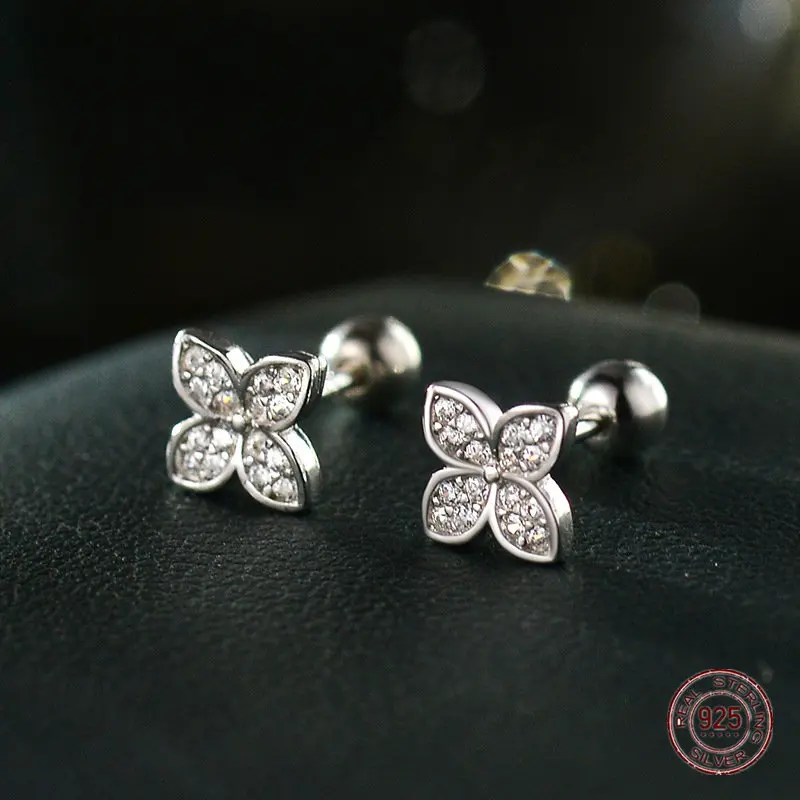 

925 Sterling Silver Sparkling Zircon Flower Stud Earrings for Women Fresh INS Screw Small Minimalist Earring Piercing Jewelry