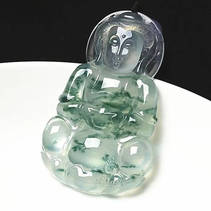 

Natural 100% real white green jadeite carve Guanyin Bless peace pendant jewellery Handle piece for men woman gifts good luck