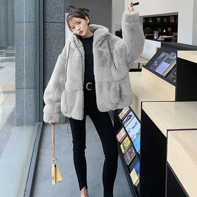 leopard brown Autumn Elegant Women Loose Hooded Teddy Bear Coat Faux Fur Jacket Female Zipper Furry Outwear Overcoat with Pocket