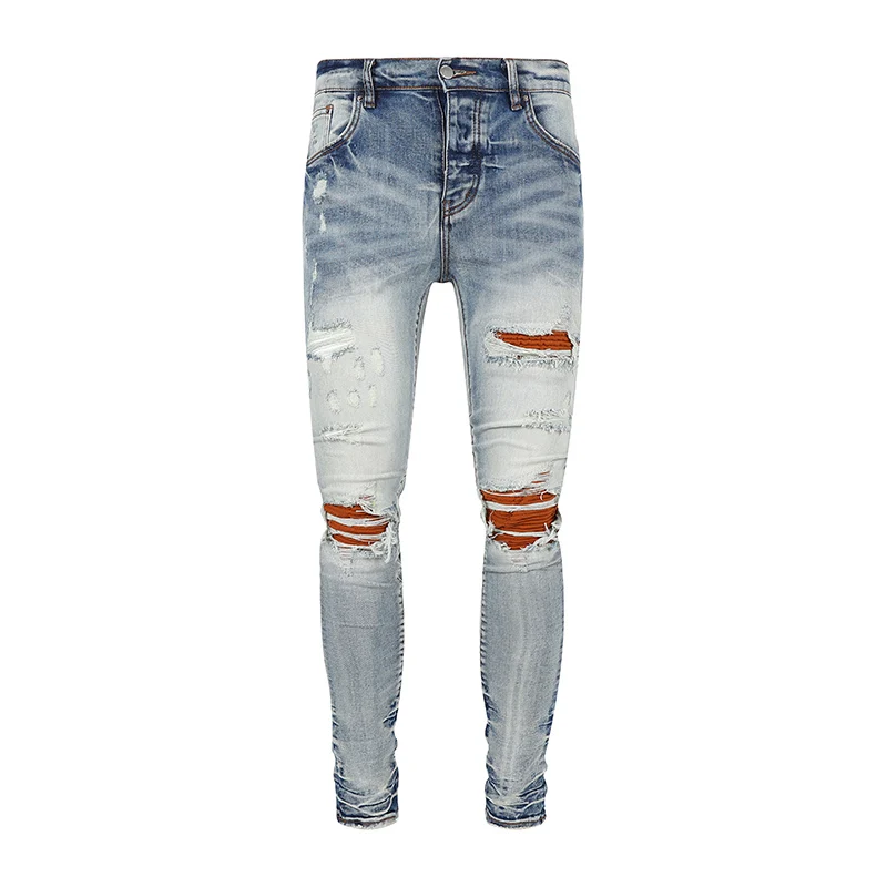 High Street Fashion Men Jeans Retro Light Blue Stretch Skinny Ripped Jeans Men Orange-Red Patched Designer Hip Hop Brand Pants