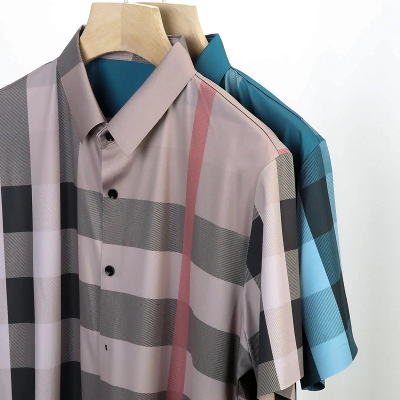 Summer Fashion Striped Short-sleeved Shirts Iron-free Shirts Men's Ice Silk Square-neck Shirts Casual Half-sleeved Shirts