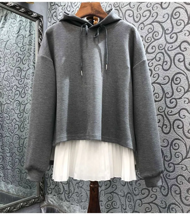 High Quality Sweatshirts 2022 Autumn Style Women Hooded White Pleated Vest Patchwork Long Sleeve Grey Blue Black Tops Jumpers