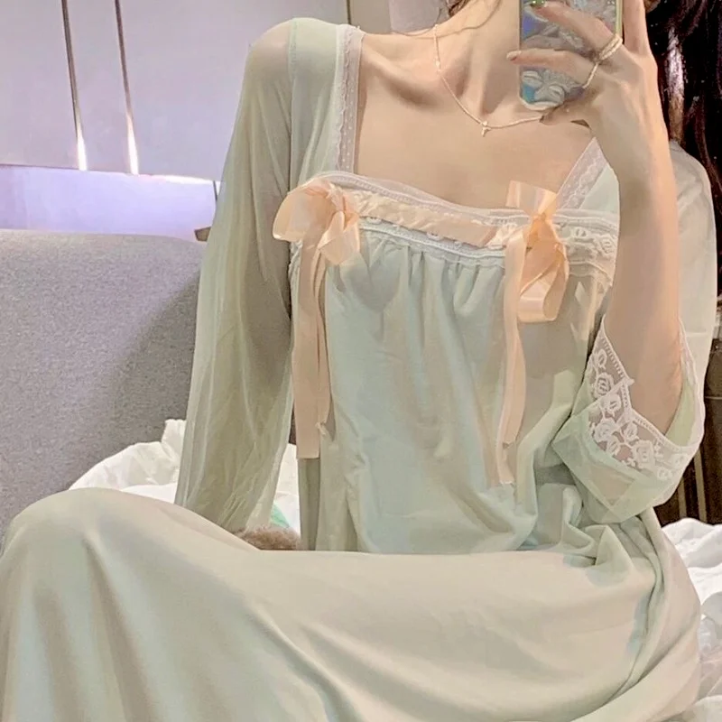 QWEEK Night Dress Women Sleepwear Lace Bow Kawaii Nightgowns Pink Green Girls Home Clothes Spring Autumn Sleepshirts