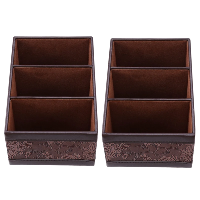 

2X Retro PU Leather Cosmetic Storage Box Remote Control Phone Holder Table Organizer For Home Office Storage Case