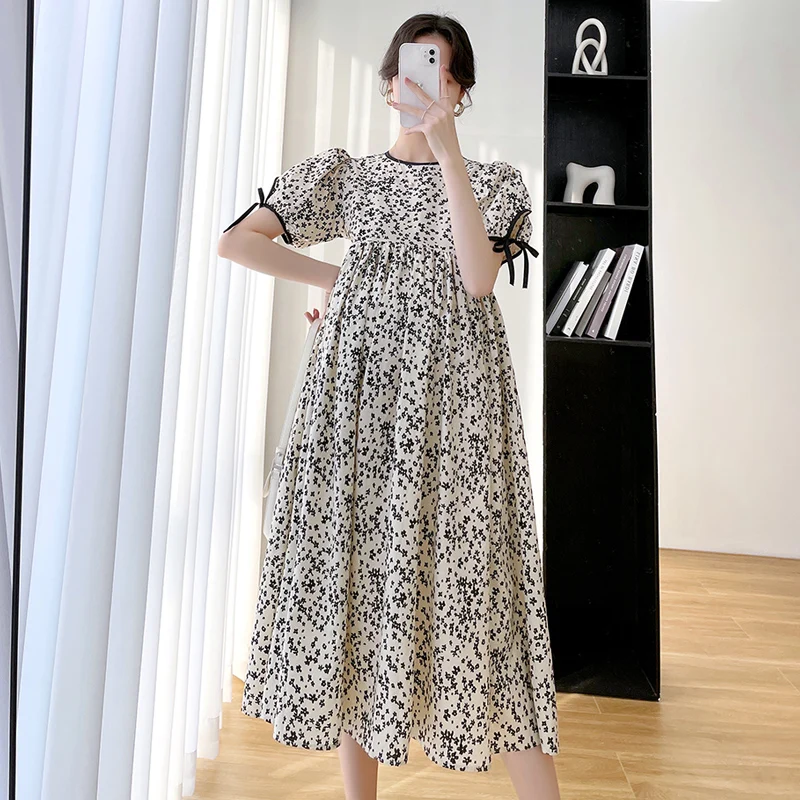 Summer Korean Fashion Women Maternity Long Dress Floral Printed A Line Slim Loose Clothes for Pregnant Women Pregnancy Clothes