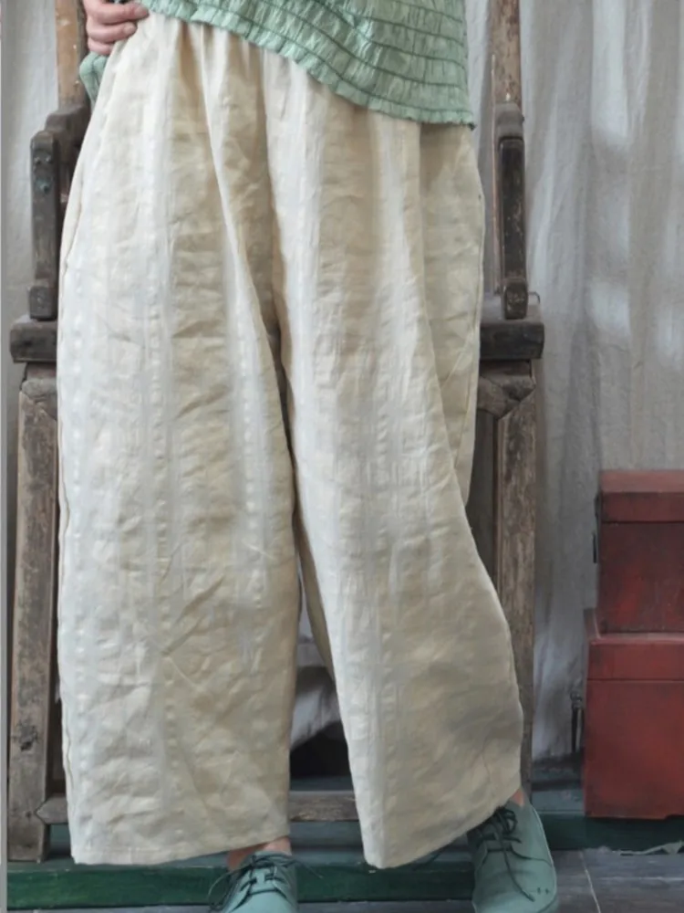 Брюки женские льняные с поясом на резинке свободные винтажные клетчатые брюки