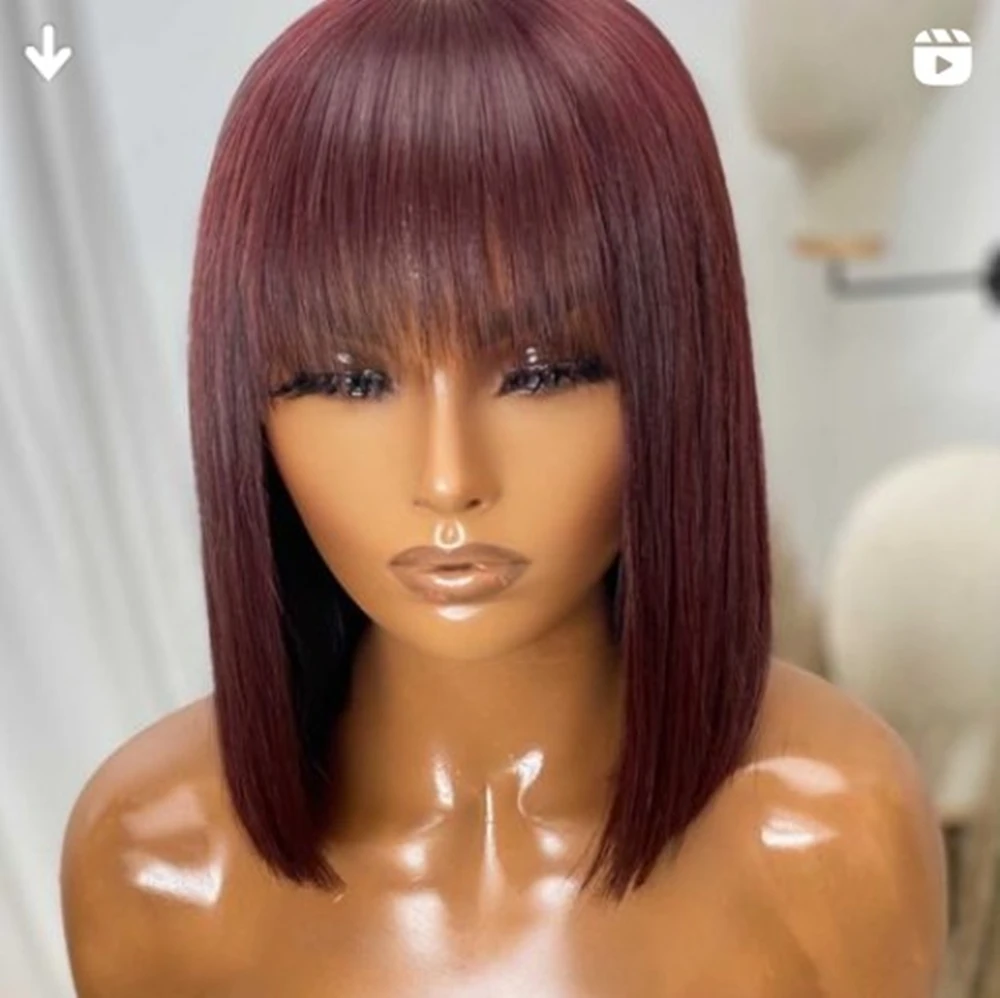 99J-Peluca de cabello humano corto con flequillo para mujer, pelo Remy brasileño liso, Color marrón oscuro, Color rojo borgoña