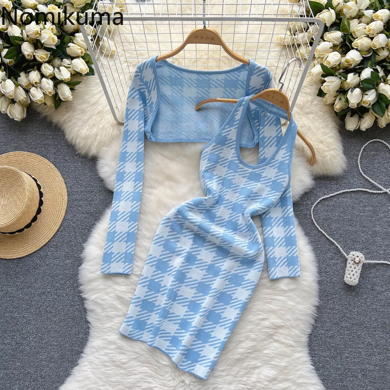 

Nomikuma Womens Two Peice Sets Summer Halter Plaid Knitted Slim Bodycon Conjunto Femenino Vintage Elegant Fashion Dress Sets