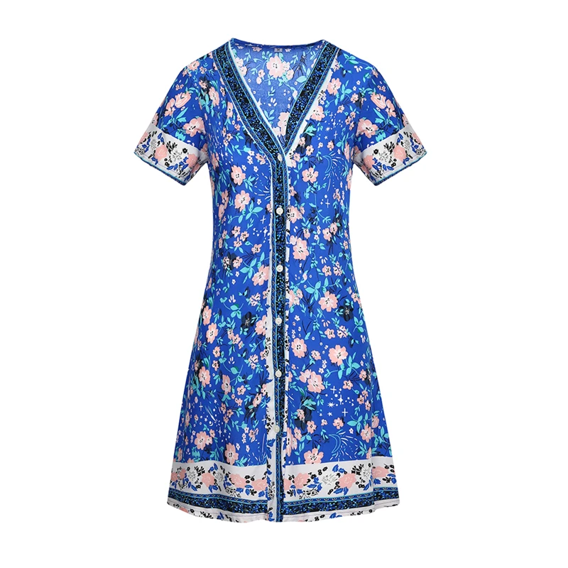 

Summer Bohemian Elegant Casual Vacation Retro Dress 2022 Women's New Boho Print Beach V-Neck Short Sleeve Skirt Sexy Fashion