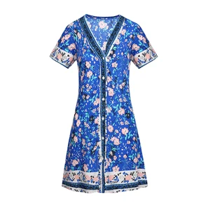 Summer Bohemian Elegant Casual Vacation Retro Dress 2022 Womens New Boho Print Beach V-Neck Short Sleeve Skirt Sexy Fashion